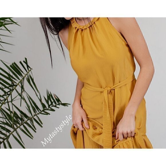 NWT Tiered Maxi Boho Belted Ruffled Sleeveless Yellow Amber Crepe Satin … - Picture 5 of 13